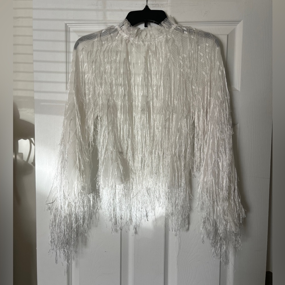 YILIBASHA White Fringe Sheer Blouse XS Fringe Textured Avant Garde Long Sleeve - Picture 3 of 11